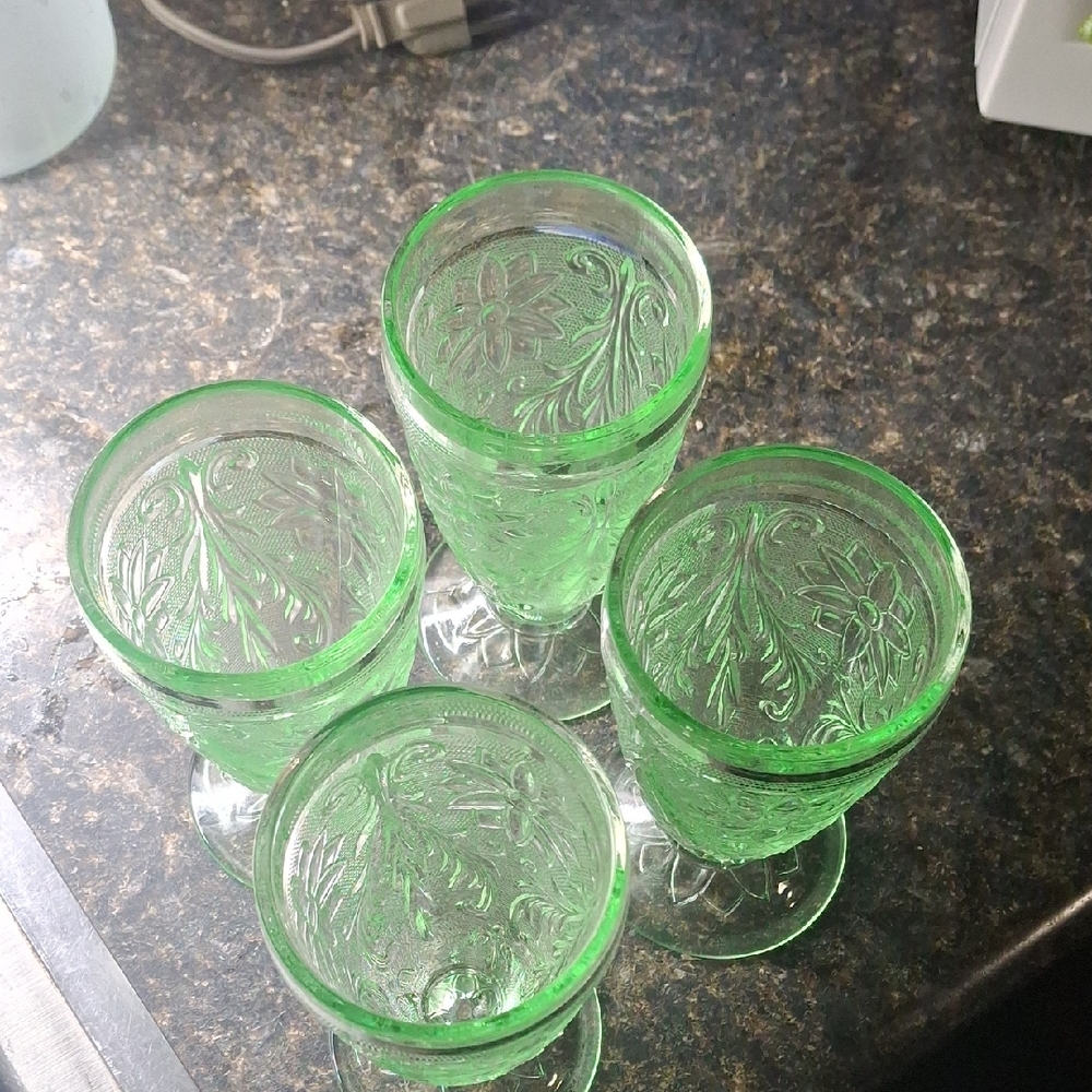 Set of Four Green Embossed Glass Goblets